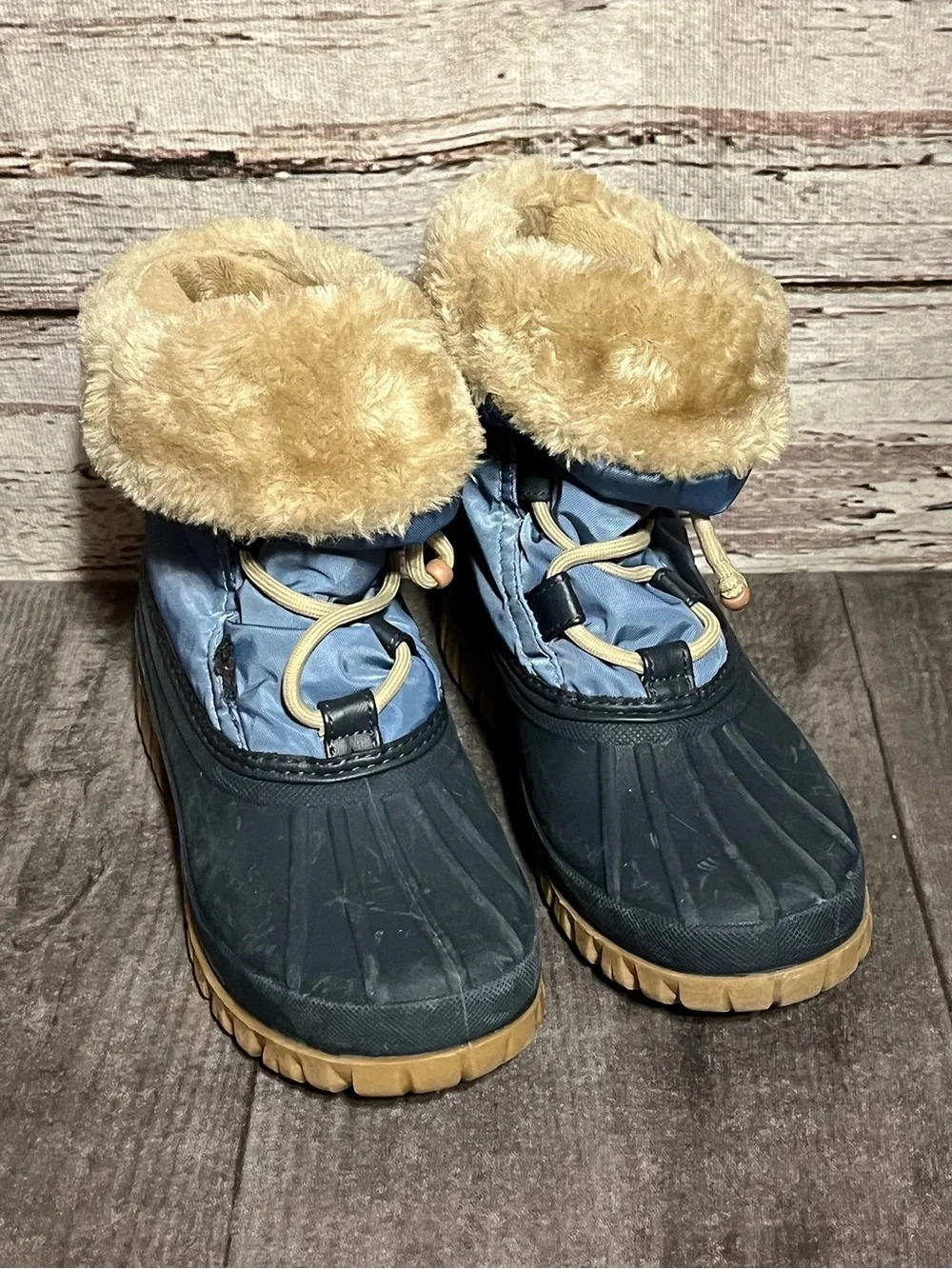 Cinch Kids Waterproof Winter Boots in Blue and Tan with Faux Fur Cuff